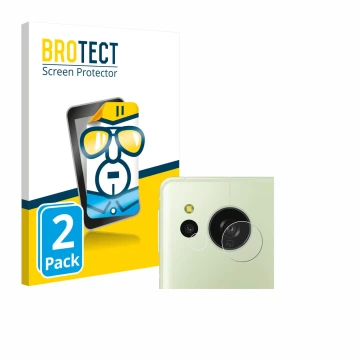 Face avant d’un emballage produit avec le logo de la marque BROTECT. À côté, l’appareil Sharp Aquos Sense 8 (Caméra UNIQUEMENT