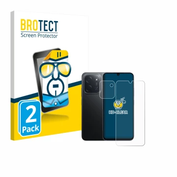 Face avant d’un emballage produit avec le logo de la marque BROTECT. À côté, l’appareil Xiaomi Poco C85 (Avant+Caméra) est rep