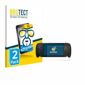 Face avant d’un emballage produit avec le logo de la marque BROTECT. À côté, l’appareil ASUS ROG Ally X 2025 est représenté av