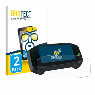 Face avant d’un emballage produit avec le logo de la marque BROTECT. À côté, l’appareil Suzuki DR-Z4S 2025 est représenté avec
