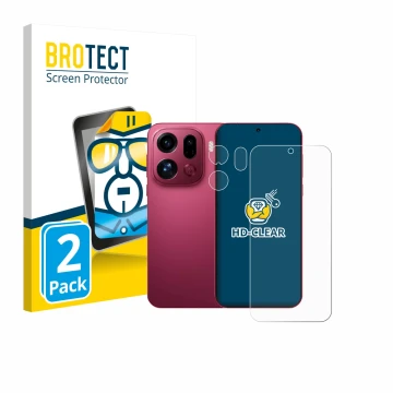 Face avant d’un emballage produit avec le logo de la marque BROTECT. À côté, l’appareil Oppo Find X9 Pro (Avant+Caméra) est re