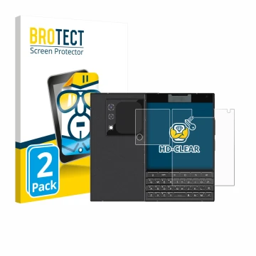 Face avant d’un emballage produit avec le logo de la marque BROTECT. À côté, l’appareil Unihertz Titan 2 (Avant+Caméra) est re
