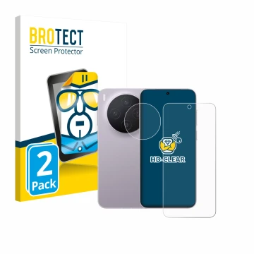 Face avant d’un emballage produit avec le logo de la marque BROTECT. À côté, l’appareil Vivo X300 (Avant+Caméra) est représent