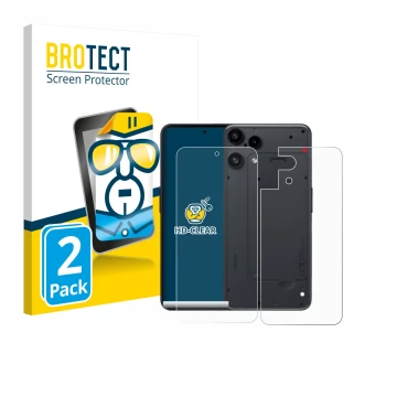 Face avant d’un emballage produit avec le logo de la marque BROTECT. À côté, l’appareil Nothing Phone (3a) Lite (Avant+Arrière
