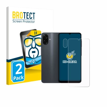 Face avant d’un emballage produit avec le logo de la marque BROTECT. À côté, l’appareil Samsung Galaxy A07 (Avant+Caméra) est 