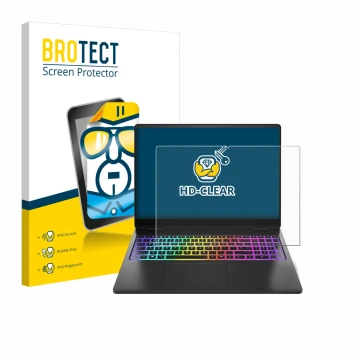 Face avant d’un emballage produit avec le logo de la marque BROTECT. À côté, l’appareil HP Omen Max 16 est représenté avec la 