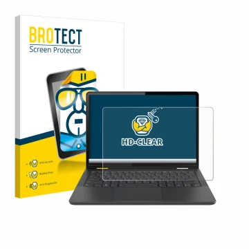 Face avant d’un emballage produit avec le logo de la marque BROTECT. À côté, l’appareil Lenovo 13w Yoga Gen 2 est représenté a