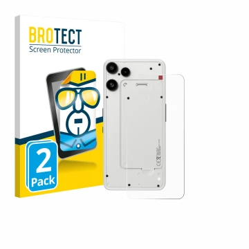 Face avant d’un emballage produit avec le logo de la marque BROTECT. À côté, l’appareil Nothing Phone (3a) Lite (Arrière) est 