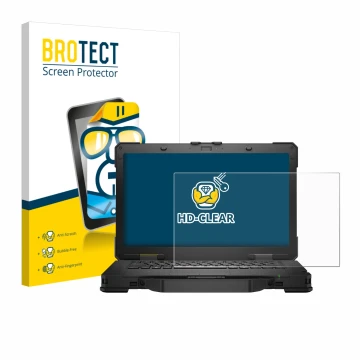 Face avant d’un emballage produit avec le logo de la marque BROTECT. À côté, l’appareil Dell Pro Rugged 14 Laptop est représen