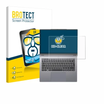 Face avant d’un emballage produit avec le logo de la marque BROTECT. À côté, l’appareil Tuxedo InfinityBook Pro 14 Gen 10 est 
