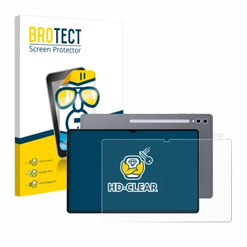 Face avant d’un emballage produit avec le logo de la marque BROTECT. À côté, l’appareil Samsung Galaxy Tab S10 Ultra (Avant+Ca