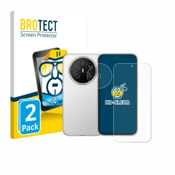 Face avant d’un emballage produit avec le logo de la marque BROTECT. À côté, l’appareil Huawei Mate 70 Air (Avant+Caméra) est 