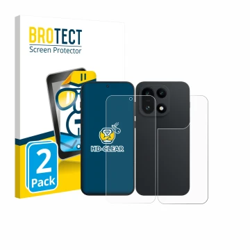 Face avant d’un emballage produit avec le logo de la marque BROTECT. À côté, l’appareil OnePlus 15 (Avant+Arrière) est représe