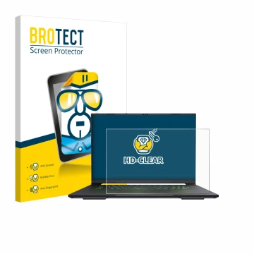 Face avant d’un emballage produit avec le logo de la marque BROTECT. À côté, l’appareil Gigabyte AERO X16 2025 est représenté 