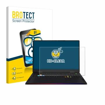 Face avant d’un emballage produit avec le logo de la marque BROTECT. À côté, l’appareil MSI Raider A18 HX est représenté avec 