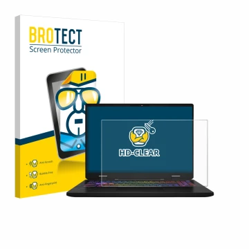 Face avant d’un emballage produit avec le logo de la marque BROTECT. À côté, l’appareil MSI Vector 16 HX AI est représenté ave