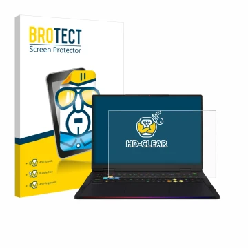 Face avant d’un emballage produit avec le logo de la marque BROTECT. À côté, l’appareil MSI Raider 18 HX AI 2025 est représent