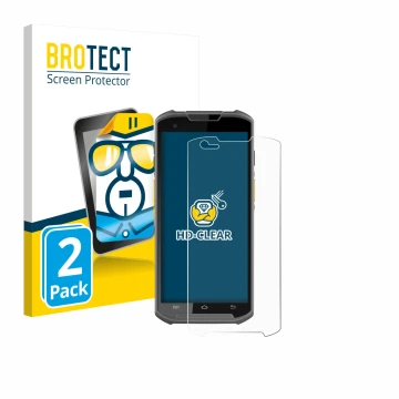 Face avant d’un emballage produit avec le logo de la marque BROTECT. À côté, l’appareil Newland MT93 est représenté avec la pr