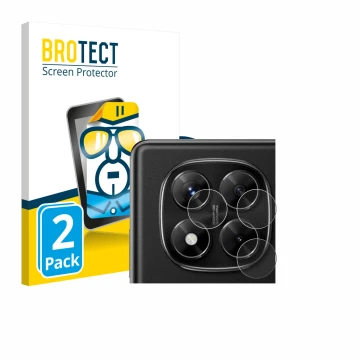 Face avant d’un emballage produit avec le logo de la marque BROTECT. À côté, l’appareil Xiaomi Redmi Note 14 Pro 4G (Caméra UN