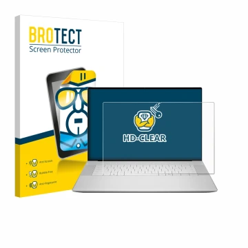 Face avant d’un emballage produit avec le logo de la marque BROTECT. À côté, l’appareil Dell 16 Premium Laptop est représenté 