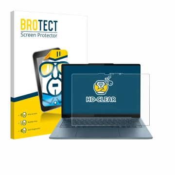 Face avant d’un emballage produit avec le logo de la marque BROTECT. À côté, l’appareil Lenovo Yoga Slim 7 Gen 10 14