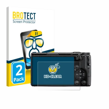 Face avant d’un emballage produit avec le logo de la marque BROTECT. À côté, l’appareil Ricoh GR IV HDF 2025 est représenté av