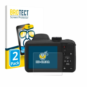 Face avant d’un emballage produit avec le logo de la marque BROTECT. À côté, l’appareil Kodak Pixpro AZ405 est représenté avec