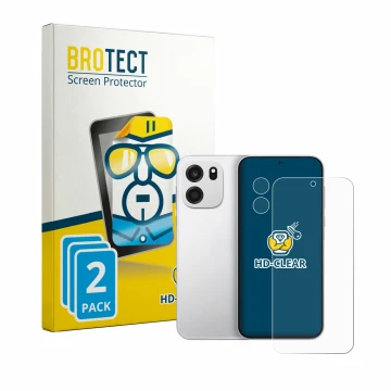 Face avant d’un emballage produit avec le logo de la marque BROTECT. À côté, l’appareil OnePlus Turbo 6V (Avant+Caméra) est re