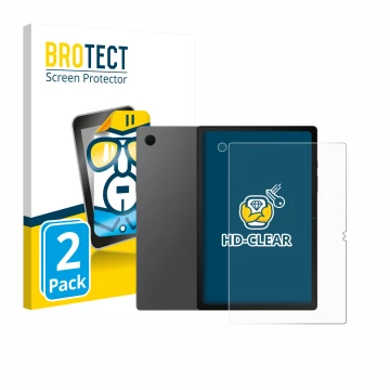 Face avant d’un emballage produit avec le logo de la marque BROTECT. À côté, l’appareil Samsung Galaxy Tab A8 (Avant+Caméra) e