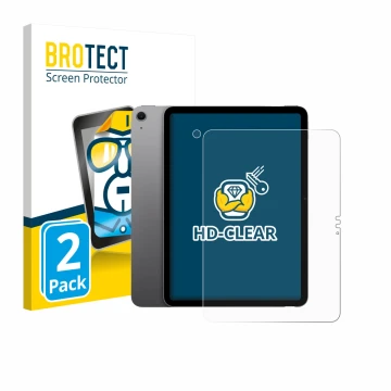 Face avant d’un emballage produit avec le logo de la marque BROTECT. À côté, l’appareil Apple iPad Air 11