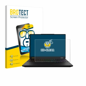 Face avant d’un emballage produit avec le logo de la marque BROTECT. À côté, l’appareil XMG Apex 16 Max est représenté avec la