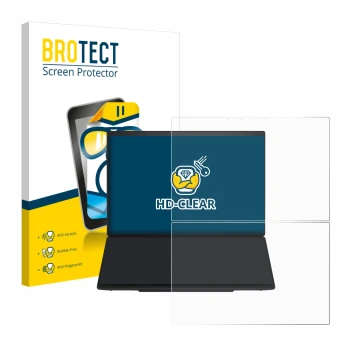 Face avant d’un emballage produit avec le logo de la marque BROTECT. À côté, l’appareil ASUS ZenBook Duo UX8407 est représenté