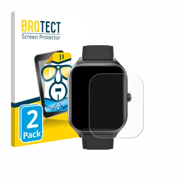 Face avant d’un emballage produit avec le logo de la marque BROTECT. À côté, l’appareil FORRLITE Smartwatch 2.01