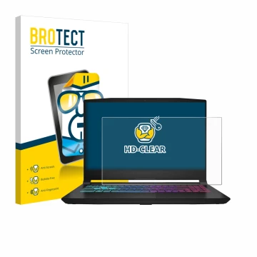 Face avant d’un emballage produit avec le logo de la marque BROTECT. À côté, l’appareil MSI Katana 15 HX B14 est représenté av