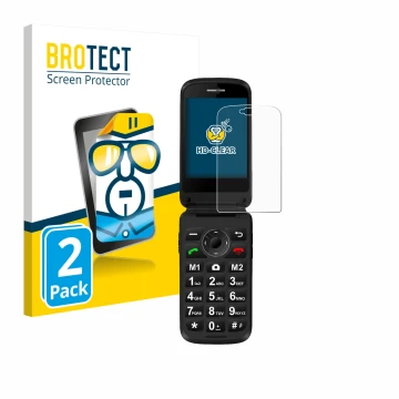 Face avant d’un emballage produit avec le logo de la marque BROTECT. À côté, l’appareil Simvalley Mobile XL-970 est représenté