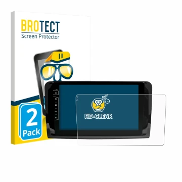 Face avant d’un emballage produit avec le logo de la marque BROTECT. À côté, l’appareil Dynavin D9-DF432 9