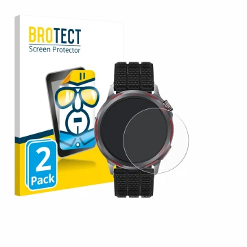 Face avant d’un emballage produit avec le logo de la marque BROTECT. À côté, l’appareil Huawei Watch GT Runner 2 est représent