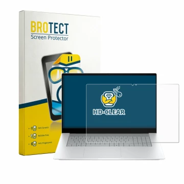 Face avant d’un emballage produit avec le logo de la marque BROTECT. À côté, l’appareil HP OmniBook X 17-de0776ngx est représe