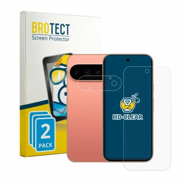 Face avant d’un emballage produit avec le logo de la marque BROTECT. À côté, l’appareil Google Pixel 11 Pro (Avant+Caméra) est