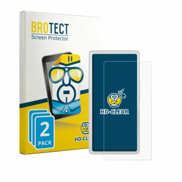Face avant d’un emballage produit avec le logo de la marque BROTECT. À côté, l’appareil PocketBook Q est représenté avec la pr