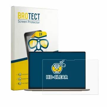 Face avant d’un emballage produit avec le logo de la marque BROTECT. À côté, l’appareil Dell XPS Googlebook est représenté ave