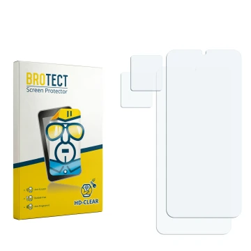 Face avant d’un emballage produit avec le logo de la marque BROTECT. À côté se trouve la protection d’écran correspondante.