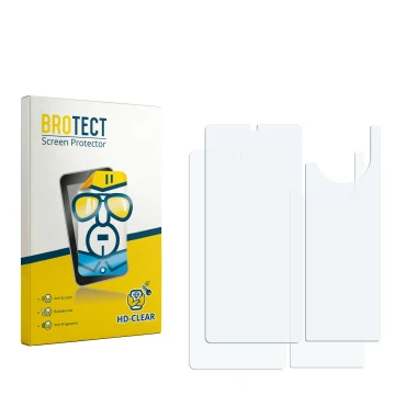 Face avant d’un emballage produit avec le logo de la marque BROTECT. À côté se trouve la protection d’écran correspondante.