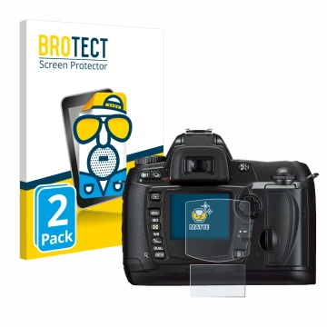 Face avant d’un emballage produit avec le logo de la marque BROTECT. À côté, l’appareil Nikon D70 est représenté avec la prote