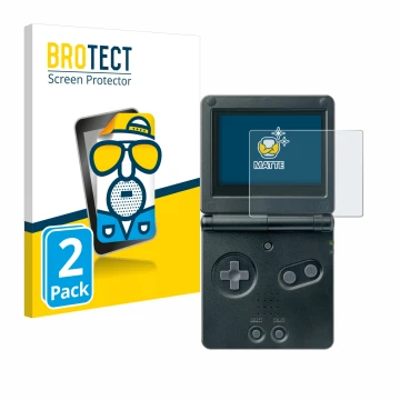 Face avant d’un emballage produit avec le logo de la marque BROTECT. À côté, l’appareil Nintendo Gameboy Advance GBA SP est re