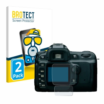 Face avant d’un emballage produit avec le logo de la marque BROTECT. À côté, l’appareil Nikon D50 est représenté avec la prote