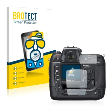 Face avant d’un emballage produit avec le logo de la marque BROTECT. À côté, l’appareil Nikon D2X est représenté avec la prote