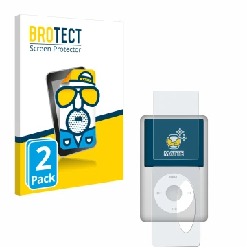 Face avant d’un emballage produit avec le logo de la marque BROTECT. À côté, l’appareil Apple iPod Classic (Avant+Arrière, 5.5