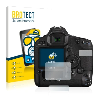 Face avant d’un emballage produit avec le logo de la marque BROTECT. À côté, l’appareil Canon EOS 1D Mark III est représenté a