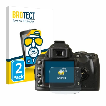 Face avant d’un emballage produit avec le logo de la marque BROTECT. À côté, l’appareil Nikon D40x est représenté avec la prot